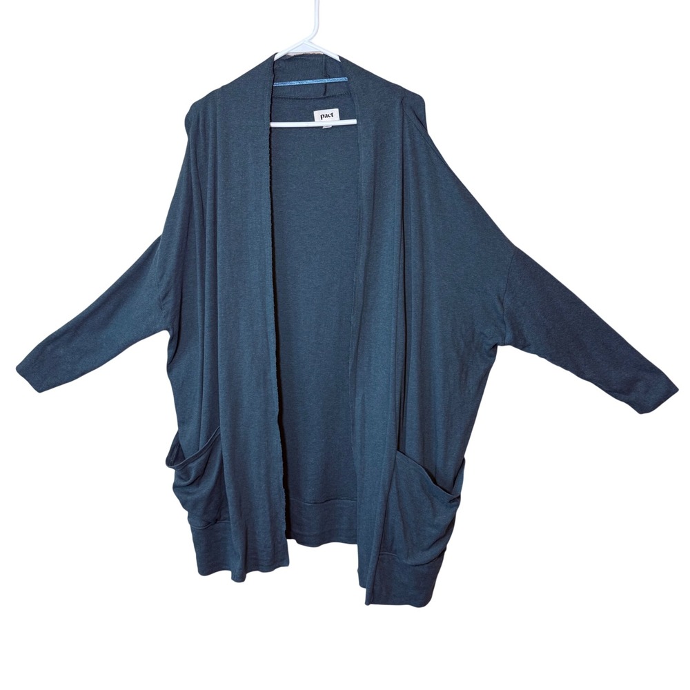 Pact 100% Organic Cotton Cardigan XL/XXL Teal Open Front Pocketed Minimalist